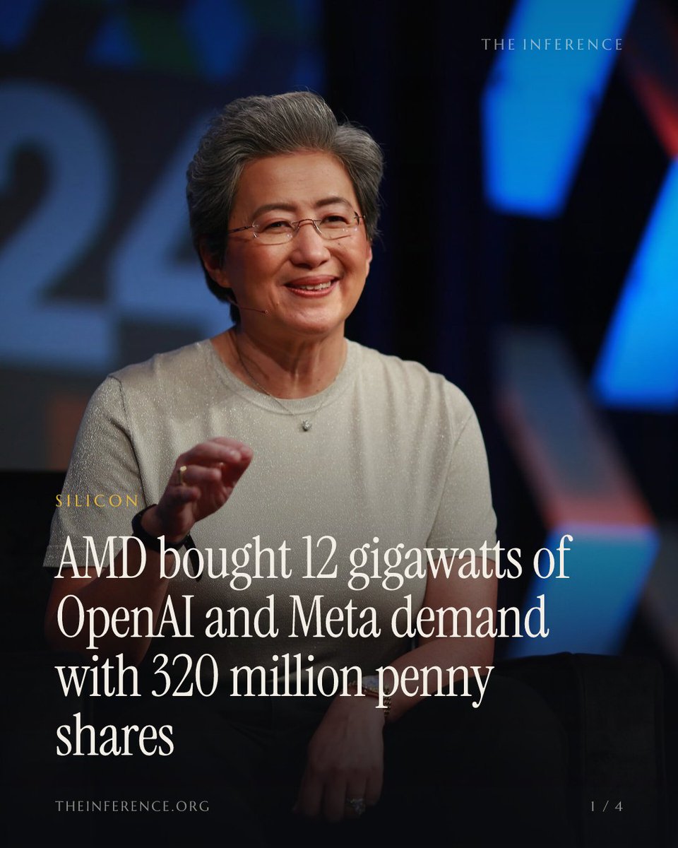 inference_org's tweet photo. AMD's 12 gigawatts of OpenAI and Meta demand was bought with warrants for up to 320 million shares at a penny each, worth about $200 billion today. Nothing has vested yet; the first tranche lands when the first gigawatt ships this half.

https://t.co/FNOiPtPyBq https://t.co/okCW7oAijl