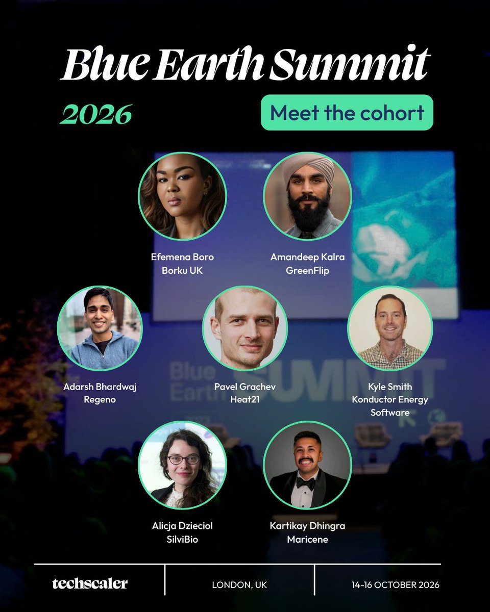 tech_scaler's tweet photo. Next week we’re off to Blue Earth Summit 2026! 🌎

Blue Earth Summit is an annual event in London connecting purpose-driven innovators with over 1000 investors and industry leaders looking to scale sustainable solutions for the planet. 

This year, from October 14-16, Techscaler is bringing seven companies with climate-focused angles building everything from seaweed-based bio fuel to plug and play wind turbines. 

Meet the 2026 cohort:

GreenFlip - Amandeep Kalra 

Heat21 - Pavel Grachev 

Borku UK - Efemena Boro 

Konductor Energy Software - Kyle Smith 

SilviBio - Alicja Dzieciol 

Regeno - Adarsh Bhardwaj

Maricene - Kartikay Dhingra 

Across the three days, our companies will have their own dedicated booth space to showcase their innovations directly to potential investors and customers, as well as on the ground support from Entrepreneur in Residence Claudia Freigang and the chance to attend talks and interactive sessions on all things future economy. 

We’re excited to see the connections and traction they build, stay tuned for live updates from London! 

Read more about the cohort here: https://t.co/w7GIgAhxoP