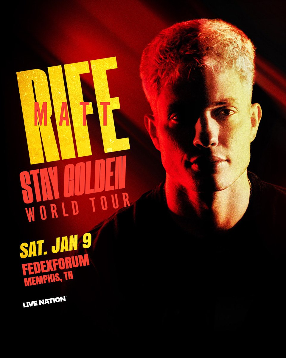 FedExForum's tweet photo. 🚨 MATT RIFE’S STAY GOLDEN TOUR EXTENDED WITH NEW DATES! Tickets on sale Friday @ 10AM. ❤️

💥 Don't miss Matt Rife live from FedExForum on SAT. JAN 9th !  📆

Sign up for presale access &amp; FEF alerts ➡️: https://t.co/PByyF9CSkt https://t.co/qPEdXBe5i0