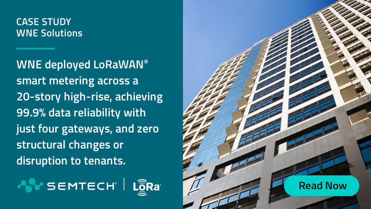 SemtechCorp's tweet photo. 315 utility meters. 20 floors of concrete. Zero disruption. WNE digitalized a premium Ho Chi Minh City high-rise with LoRaWAN, hitting 99.9% reliability and cutting manual workload by 90%, using just 4 gateways. Read more: https://t.co/Mki5oP7dHH
#Semtech #LoRa #SmartMetering https://t.co/1DrDaZhO8d