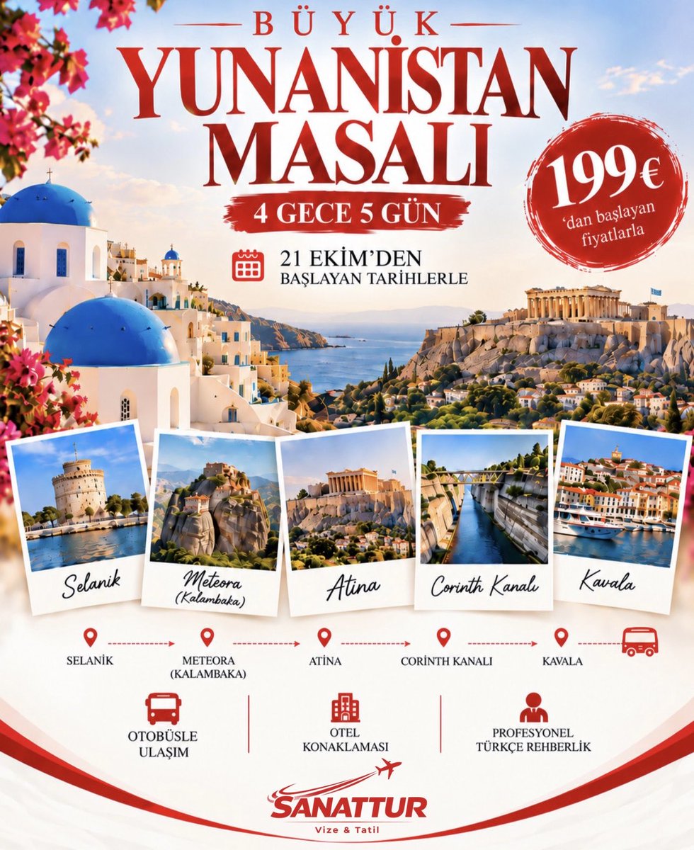 sanattur's tweet photo. 🇬🇷 BÜYÜK YUNANİSTAN MASALI 🇬🇷
Selanik’ten Atina’ya, Meteora’dan Kavala’ya uzanan unutulmaz bir Yunanistan keşfi! ✨

🚌 Otobüslü ulaşım
🏨 3 gece otel konaklaması
📍 Selanik • Meteora • Atina • Corinth Kanalı • Kavala
⏰ 4 Gece 5 Gün
📅 21 Ekim’den başlayan tarihler
💶 199 €’dan başlayan fiyatlarla

Tarihi şehirler, eşsiz manzaralar ve Yunanistan’ın büyüleyici atmosferiyle dolu harika bir rota sizi bekliyor! ❤️🇬🇷

Detaylı bilgi ve rezervasyon için Sanattur ile iletişime geçebilirsiniz.

#Sanattur #YunanistanTuru #BüyükYunanistanMasalı #Yunanistan #YurtdışıTuru