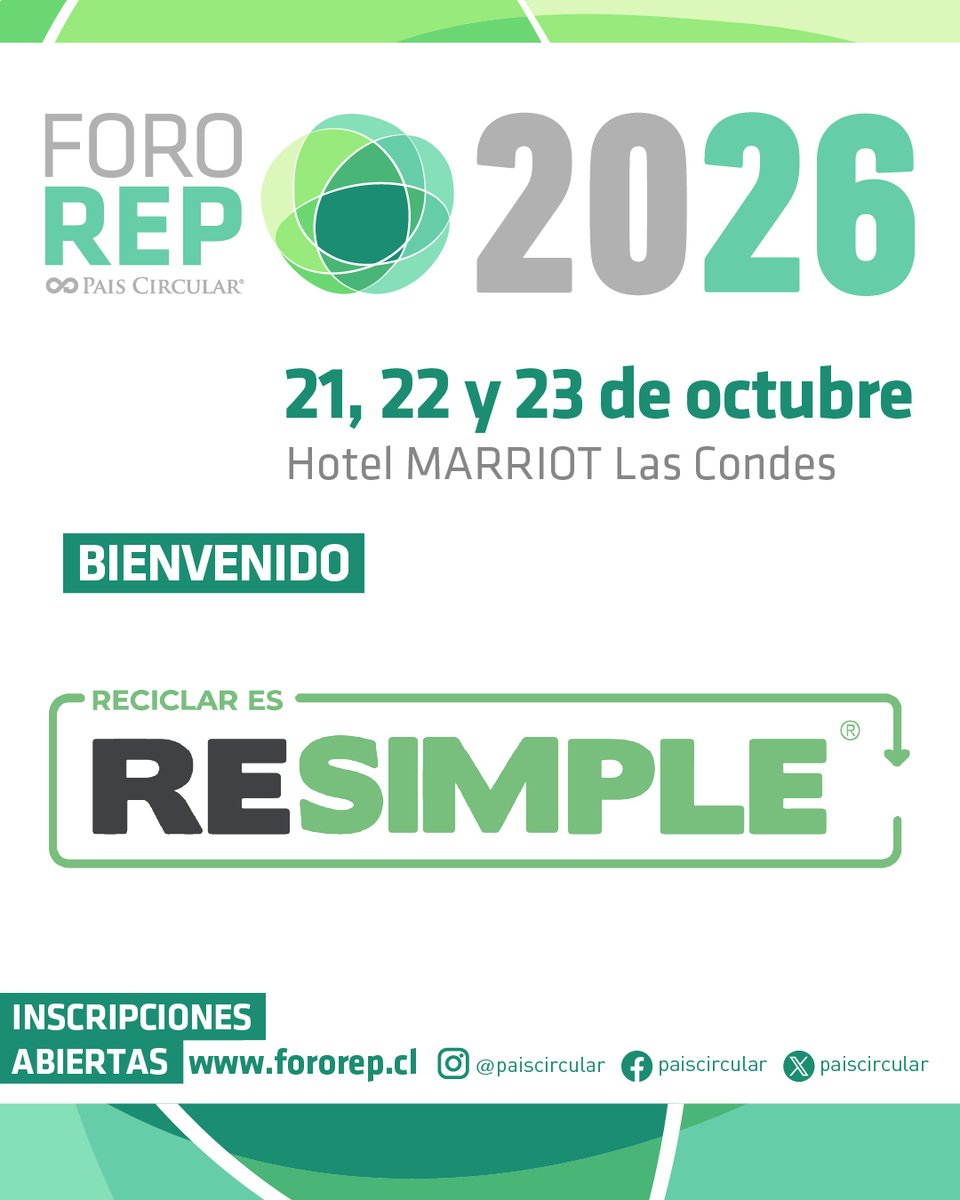 PaisCircular's tweet photo. 🚀 ¡Bienvenido @Resimple_cl  como auspiciador de Foro REP 2026!

📅 21, 22 y 23 de Octubre

📍 Hotel Marriott Santiago

🎟️ Inscripciones abiertas en https://t.co/xdhyxRNeHm 

#ForoREP2026 #ReSimple https://t.co/5P1SrrNjvU