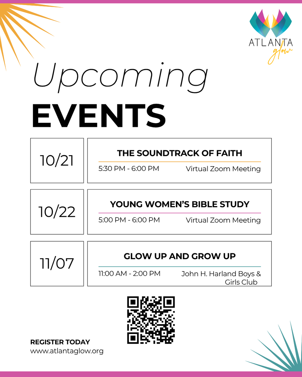 AtlantaGlow's tweet photo. SAVE THE DATES! ✨ Atlanta GLOW has some exciting events coming up, and we’d love to have you there!  Whether you’re looking to grow in faith, build community, or connect and grow alongside other young women, there’s something for you! 💕 https://t.co/znREfB7u7U