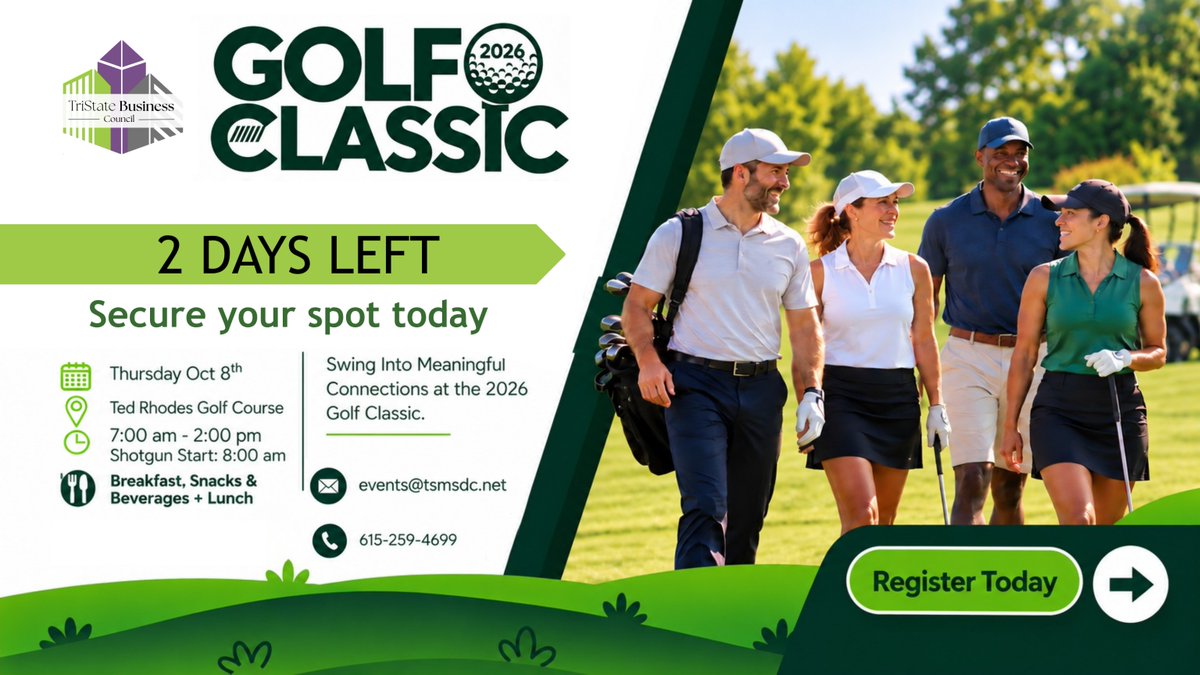 TriStateMSDC's tweet photo. ⛳ 2 DAYS TO GO. The TSBC Golf Classic is Oct. 8 at Ted Rhodes Golf Course in Nashville. Join business leaders, diverse suppliers &amp; major purchasers for golf, networking and connections that can lead to opportunity. Register: https://t.co/aThLsN3wqd

#TSBCGolfClassic https://t.co/CPLhR3FQjT
