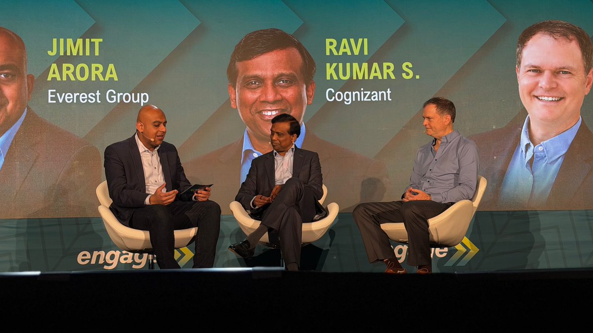 Cognizant's tweet photo. This morning at Everest Engage, our CEO @imravikumars appeared alongside Jimit Arora, CEO of @EverestGroup, and Rod Bourgeois, Managing Partner of DeepDive Equity Research, to deliver a keynote where he shared what he's seeing across global organizations as they scale AI from pilots to enterprise-wide transformation:

✅ Agentifying operations — embedding AI agents directly into how work gets done
✅ Restructuring talent around skill density
✅ Rethinking the ecosystem to build lasting competitive advantage

The organizations closing the gap between AI's potential and real outcomes are doing it through deliberate choices about how they scale, and those lessons are worth paying attention to.