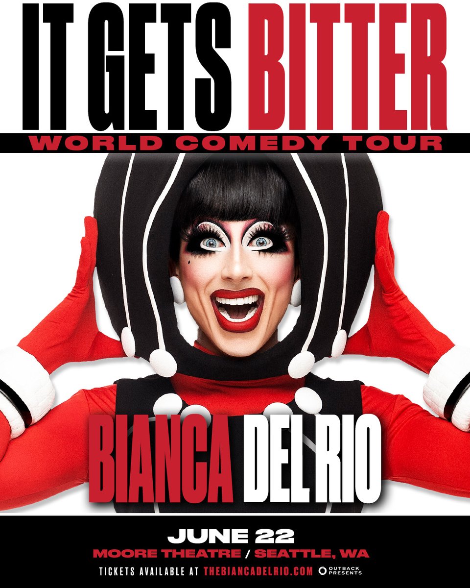 stgpresents's tweet photo. JUST ANNOUNCED: Bianca Del Rio's It Gets Bitter Tour stops at The Moore Theatre on June 22! Tickets go on sale this Friday at 9am at https://t.co/FQWA3SMLZ2. https://t.co/uDGGpL4Z0v