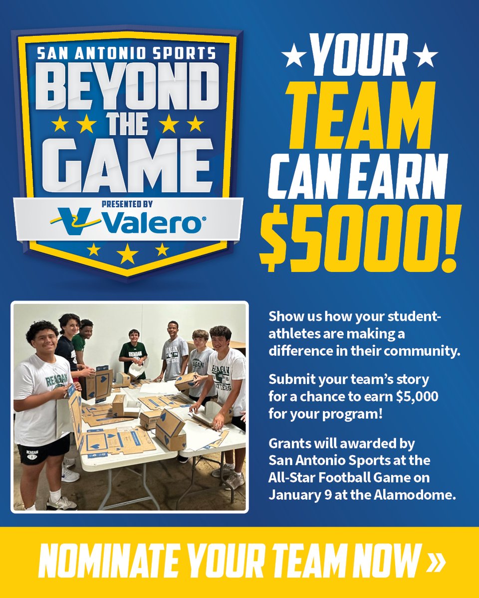 SA_Sports's tweet photo. JUST ANNOUNCED!! 🏆 
Beyond The Game Team Grant applications are open. Show us how your team demonstrates Integrity, Respect, Teamwork, Excellence &amp; Community Service.
🏈 2 grants awarded Jan. 9
🏀 2 more awarded Apr. 10

Apply now on our website!
@ValeroEnergy @WeAreSinclair https://t.co/8OcL9aOJEb