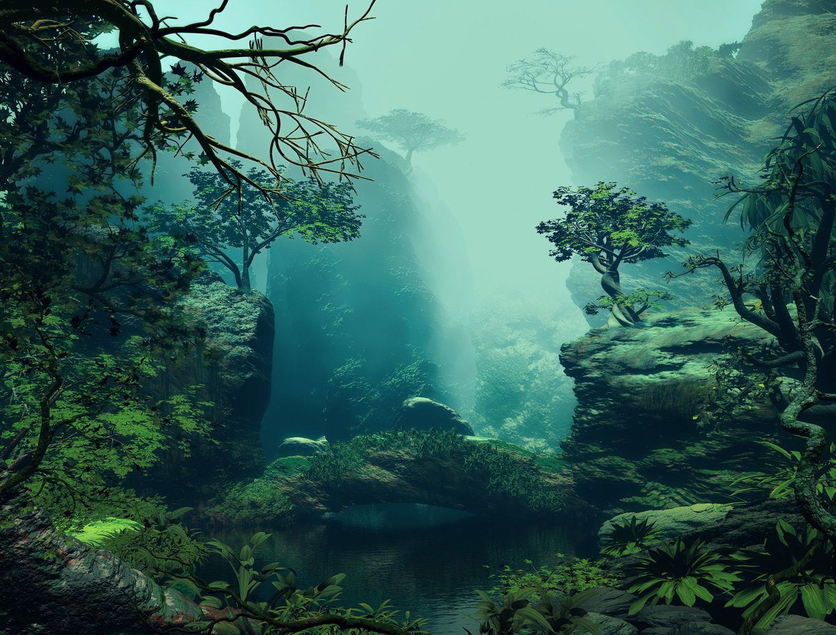 daz3d's tweet photo. Moss-covered cliffs, twisting trees, and soft mist frame a secluded pond. 🌿 “Hidden Pond” by estevez, created in Bryce 7 and Daz Studio.

#DazStudio #Bryce7 https://t.co/qBIBrl5ZYk