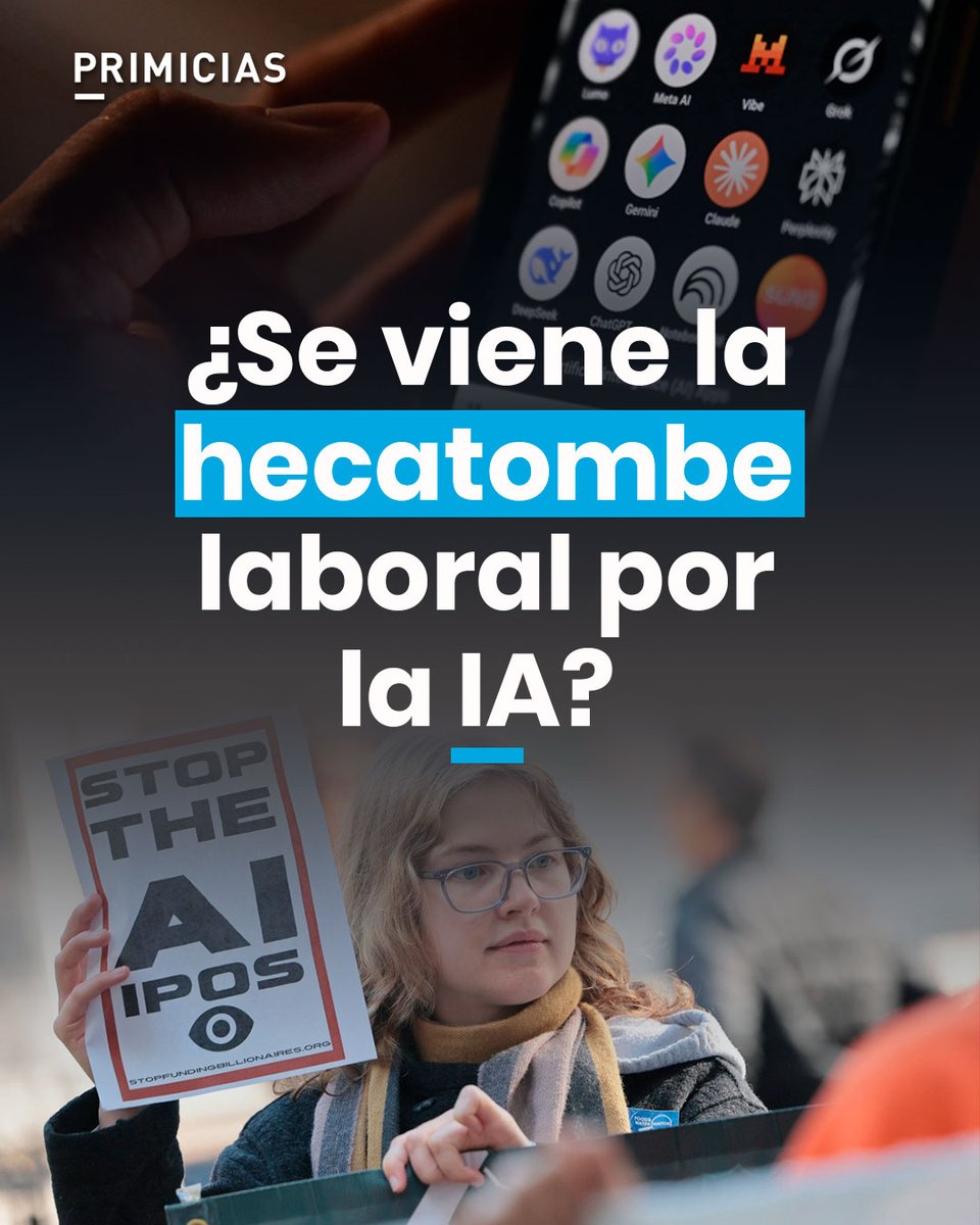 Primicias's tweet photo. La IA ha creado un millón de empleos en el último año y ha destruido unos 200.000, según estadísticas oficiales de EE.UU. Expertos, incluido un premio Nobel de Economía, dicen que el apocalipsis que se ha planteado tiene matices. 
https://t.co/KFyARaXB6I https://t.co/KpUceGEv4l