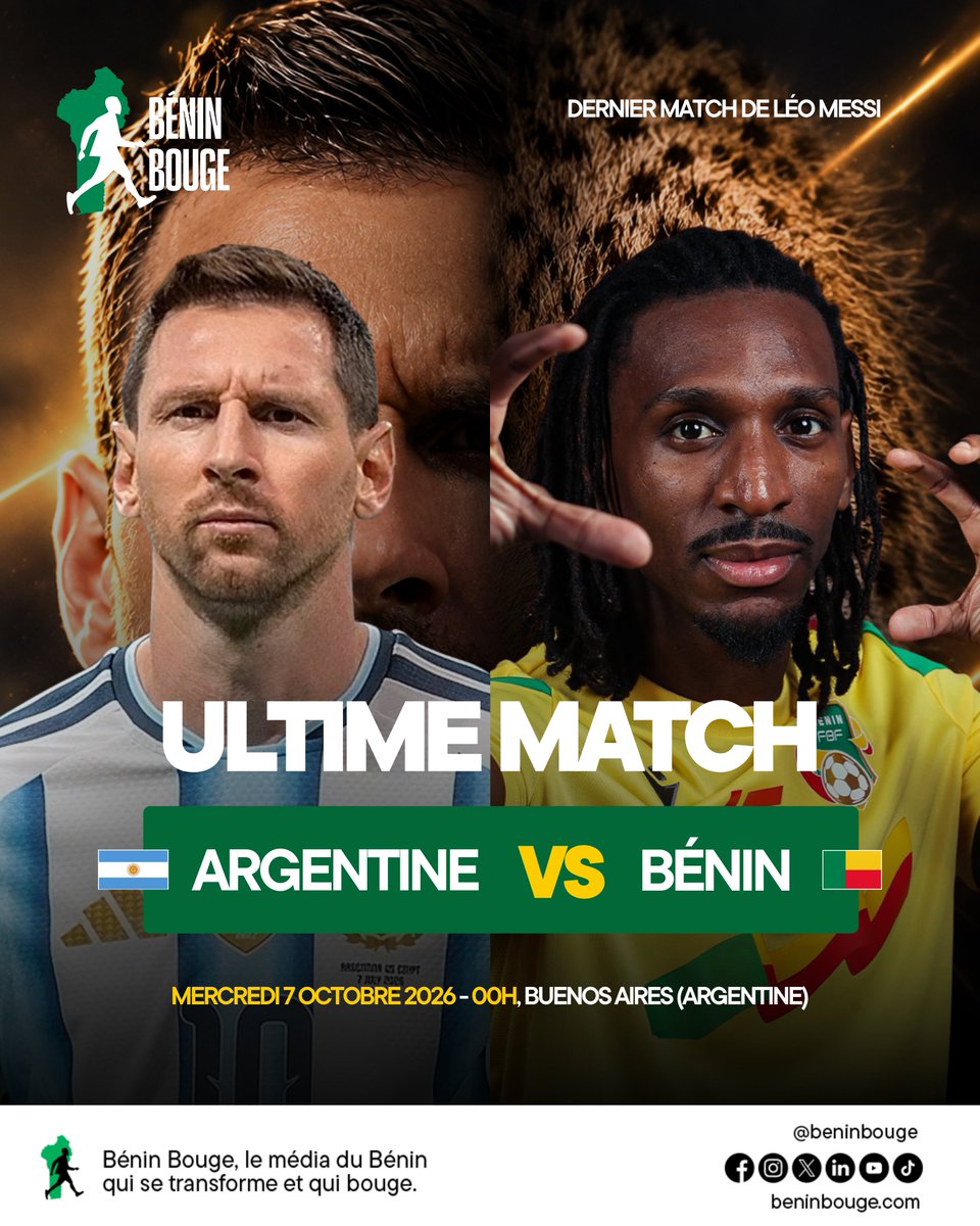 BeninBouge's tweet photo. 𝗢𝗨̀ 𝗦𝗨𝗜𝗩𝗥𝗘 𝗔𝗥𝗚𝗘𝗡𝗧𝗜𝗡𝗘 – 𝗕𝗘́𝗡𝗜𝗡, 𝗟𝗘 𝗗𝗘𝗥𝗡𝗜𝗘𝗥 𝗠𝗔𝗧𝗖𝗛 𝗗𝗘 𝗠𝗘𝗦𝗦𝗜 𝗔𝗩𝗘𝗖 𝗟'𝗔𝗟𝗕𝗜𝗖𝗘𝗟𝗘𝗦𝗧𝗘 🇦🇷🇧🇯

Pour suivre Argentine - Bénin dans la nuit du mardi 7 au mercredi 8 octobre, plusieurs options sont disponibles.

📱 Sur les réseaux sociaux de 𝗕𝗲́𝗻𝗶𝗻 𝗕𝗼𝘂𝗴𝗲, retrouvez les temps forts, sur notre chaîne WhatsApp : https://t.co/1feCY6HDfL

📺 𝗕𝗲́𝗻𝗶𝗻 𝗧𝗩 : plateau d'avant-match dès 23h15, coup d'envoi à 00h00, suivi d'un débrief en direct.

📡 𝗖𝗮𝗻𝗮𝗹+ 𝗦𝗽𝗼𝗿𝘁 𝟭: diffusion en direct à 23h00 GMT (00h Bénin).

🍻 𝗦𝘂𝗻𝘀𝗲𝘁 𝗿𝗲𝘀𝘁𝗮𝘂-𝗯𝗮𝗿, à Fidjrossè, 500 m après le Calvaire : grand écran, ambiance de stade, bonne cuisine et boissons fraîches.

Vous connaissez d'autres endroits où suivre le match ? Partagez-les en commentaire ! 

#BeninBouge