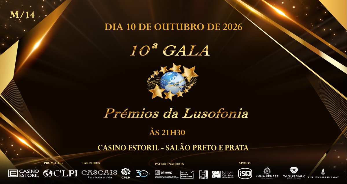 _CPLP's tweet photo. A 10ª edição da Gala Prémios da Lusofonia realiza-se no próximo dia 10 de outubro de 2026, no Salão Preto e Prata do Casino Estoril, a partir das 21h30, integrada nas comemorações dos 30 anos da CPLP.
🌐 Mais informação: https://t.co/EUr8KzV95V
#CPLP #Prémiosdalusofonia #gala https://t.co/8IAhWzA6lz