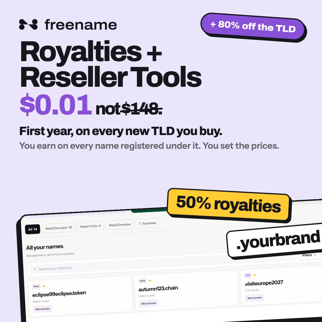 freenamecom's tweet photo. The second reason to buy a TLD now.

Royalties: you earn on every registration under your TLD.
Reseller Tools: you set your own domain prices.

First year of both: $0.01 per new TLD, instead of $148. And the TLD itself is 80% off. Ends 18 October. https://t.co/XEySPC7JAT