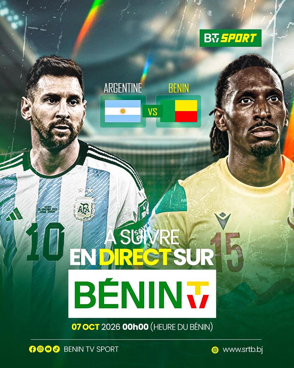 BeninBouge's tweet photo. 𝗢𝗨̀ 𝗦𝗨𝗜𝗩𝗥𝗘 𝗔𝗥𝗚𝗘𝗡𝗧𝗜𝗡𝗘 – 𝗕𝗘́𝗡𝗜𝗡, 𝗟𝗘 𝗗𝗘𝗥𝗡𝗜𝗘𝗥 𝗠𝗔𝗧𝗖𝗛 𝗗𝗘 𝗠𝗘𝗦𝗦𝗜 𝗔𝗩𝗘𝗖 𝗟'𝗔𝗟𝗕𝗜𝗖𝗘𝗟𝗘𝗦𝗧𝗘 🇦🇷🇧🇯

Pour suivre Argentine - Bénin dans la nuit du mardi 7 au mercredi 8 octobre, plusieurs options sont disponibles.

📱 Sur les réseaux sociaux de 𝗕𝗲́𝗻𝗶𝗻 𝗕𝗼𝘂𝗴𝗲, retrouvez les temps forts, sur notre chaîne WhatsApp : https://t.co/1feCY6HDfL

📺 𝗕𝗲́𝗻𝗶𝗻 𝗧𝗩 : plateau d'avant-match dès 23h15, coup d'envoi à 00h00, suivi d'un débrief en direct.

📡 𝗖𝗮𝗻𝗮𝗹+ 𝗦𝗽𝗼𝗿𝘁 𝟭: diffusion en direct à 23h00 GMT (00h Bénin).

🍻 𝗦𝘂𝗻𝘀𝗲𝘁 𝗿𝗲𝘀𝘁𝗮𝘂-𝗯𝗮𝗿, à Fidjrossè, 500 m après le Calvaire : grand écran, ambiance de stade, bonne cuisine et boissons fraîches.

Vous connaissez d'autres endroits où suivre le match ? Partagez-les en commentaire ! 

#BeninBouge
