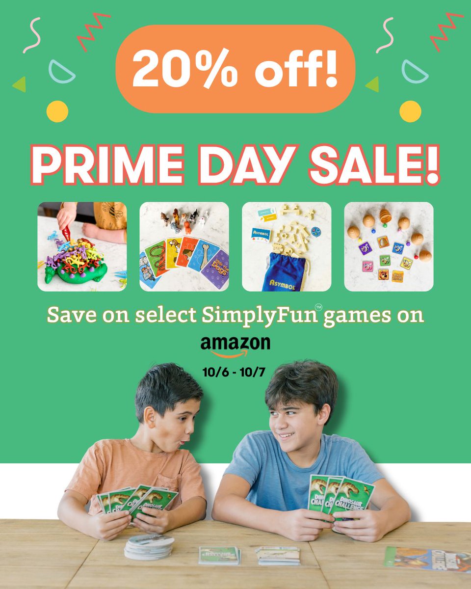 SimplyFun's tweet photo. Fall savings On Amazon START TODAY! Oct 6–7 only, grab flash deals on some of our award-winning favorites (Prime members, a few hours only!) and clip 20% off coupons on even more games, available for these two days only. More play, more learning, less spending. Let's go! https://t.co/RzAYk9mh3r