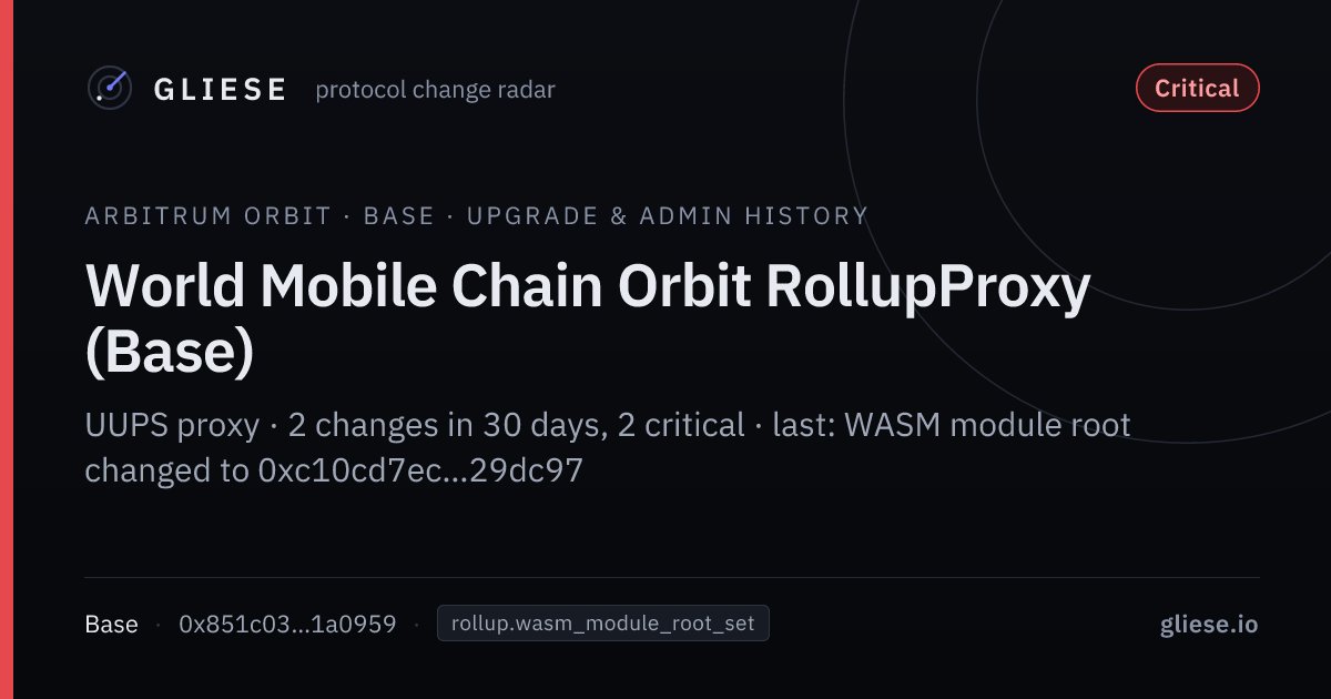 glieseio's tweet photo. World Mobile Chain Orbit RollupProxy (Base) on Base changed its WASM module root (fraud-proof program).
Root: 0xc10cd7ec…29dc97
https://t.co/hyQpJMJQQ0 https://t.co/MiW75sliqu