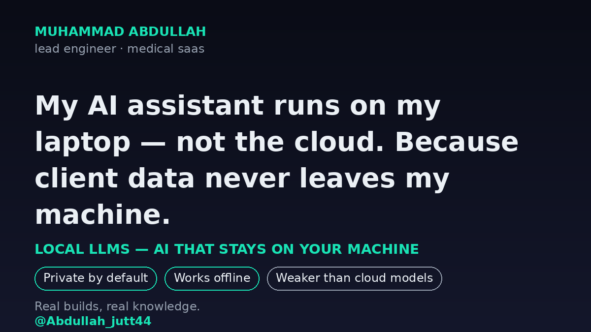 Abdullah_jutt44's tweet photo. I run AI on my own laptop — not the cloud.
Local LLMs keep every line of client code private. Slower and weaker than cloud models, but zero data leaves the room.
For a medical SaaS, that's non-negotiable.
Would you trade AI smarts for full privacy? https://t.co/60A5rTt082