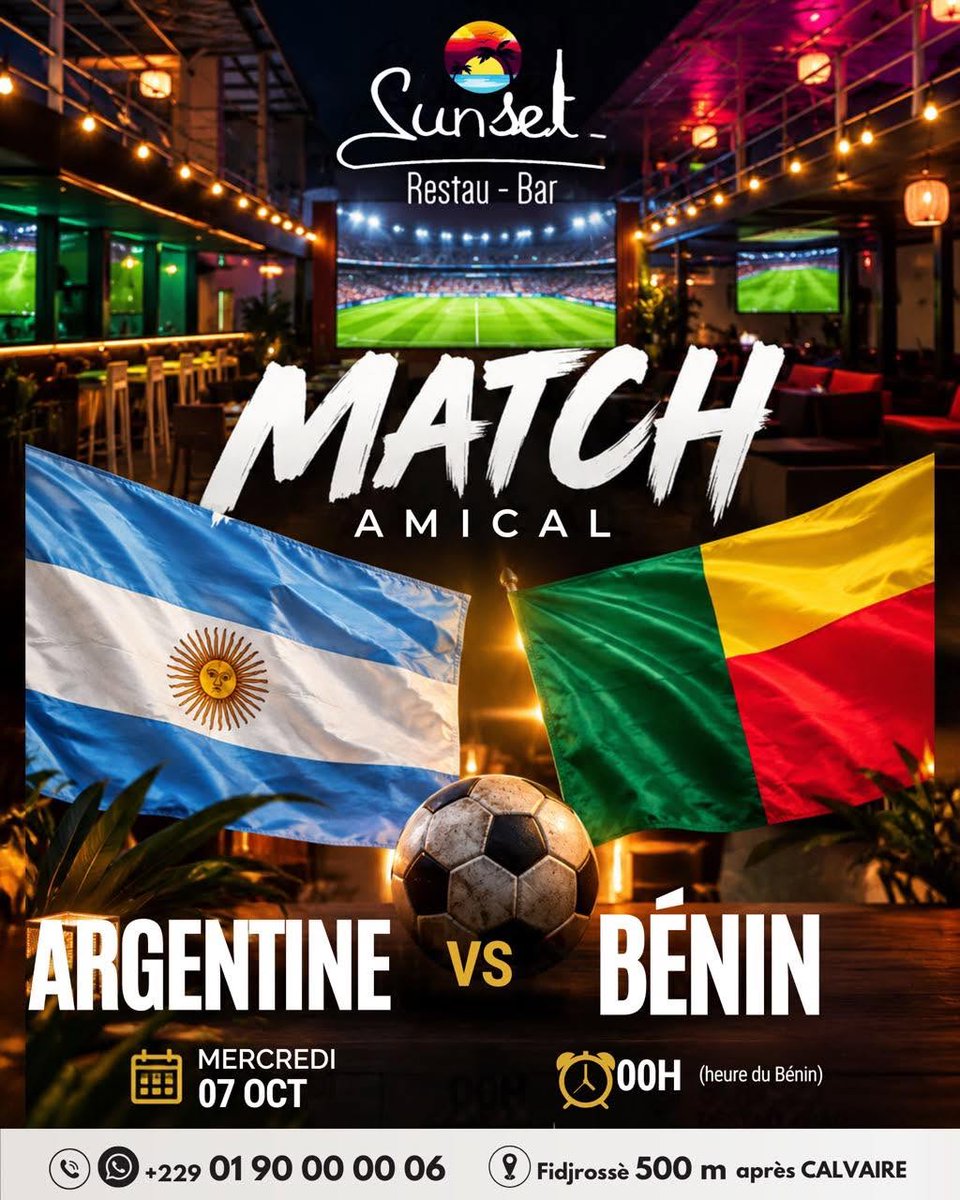 BeninBouge's tweet photo. 𝗢𝗨̀ 𝗦𝗨𝗜𝗩𝗥𝗘 𝗔𝗥𝗚𝗘𝗡𝗧𝗜𝗡𝗘 – 𝗕𝗘́𝗡𝗜𝗡, 𝗟𝗘 𝗗𝗘𝗥𝗡𝗜𝗘𝗥 𝗠𝗔𝗧𝗖𝗛 𝗗𝗘 𝗠𝗘𝗦𝗦𝗜 𝗔𝗩𝗘𝗖 𝗟'𝗔𝗟𝗕𝗜𝗖𝗘𝗟𝗘𝗦𝗧𝗘 🇦🇷🇧🇯

Pour suivre Argentine - Bénin dans la nuit du mardi 7 au mercredi 8 octobre, plusieurs options sont disponibles.

📱 Sur les réseaux sociaux de 𝗕𝗲́𝗻𝗶𝗻 𝗕𝗼𝘂𝗴𝗲, retrouvez les temps forts, sur notre chaîne WhatsApp : https://t.co/1feCY6HDfL

📺 𝗕𝗲́𝗻𝗶𝗻 𝗧𝗩 : plateau d'avant-match dès 23h15, coup d'envoi à 00h00, suivi d'un débrief en direct.

📡 𝗖𝗮𝗻𝗮𝗹+ 𝗦𝗽𝗼𝗿𝘁 𝟭: diffusion en direct à 23h00 GMT (00h Bénin).

🍻 𝗦𝘂𝗻𝘀𝗲𝘁 𝗿𝗲𝘀𝘁𝗮𝘂-𝗯𝗮𝗿, à Fidjrossè, 500 m après le Calvaire : grand écran, ambiance de stade, bonne cuisine et boissons fraîches.

Vous connaissez d'autres endroits où suivre le match ? Partagez-les en commentaire ! 

#BeninBouge