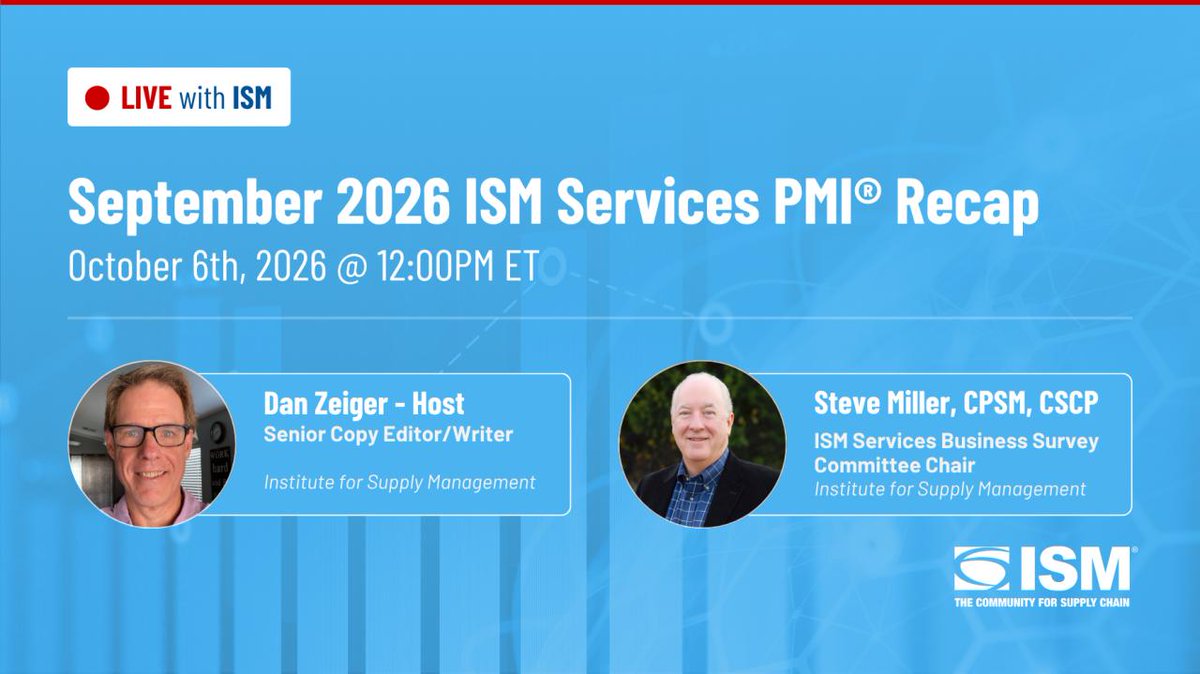 ism's tweet photo. Get #ISMPMI insights straight from the source in the @ISM® PMI® Reports LinkedIn Live broadcast today at noon ET/9 a.m. PT. The Chair of ISM’s Services Business Survey Committee, Steve Miller, joins @ZeigerDan to discuss the September takeaways. https://t.co/7jZiHAlHSl #economy https://t.co/0ZBz0rSiOI