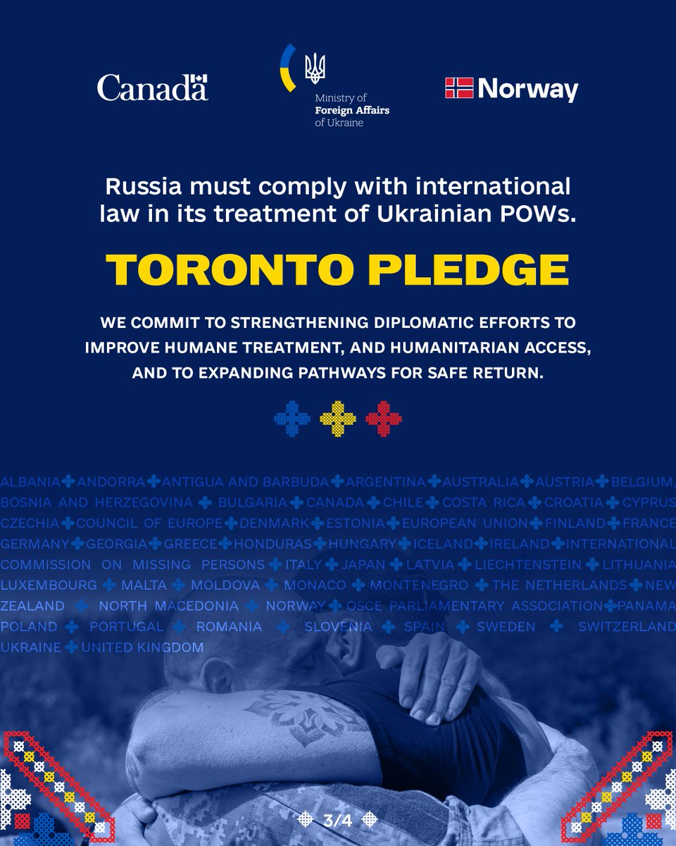 CanadaFP's tweet photo. The Toronto Pledge calls for humane treatment and humanitarian access for Ukrainian POWs held by Russia, in line with international humanitarian law, and supports their safe return.

Learn more: https://t.co/qZNzsm7sQ4

#StandWithUkraine https://t.co/m3TpZF4ZYz