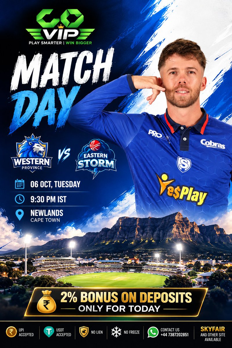 CoVipBook's tweet photo. *2% BONUS ON DEPOSITS ONLY FOR TODAY*

Play Western Province vs Eastern Storm at @CoVipBook

Min Deposit ₹1000 

Our Site features :

🎯 Unmatched & Unlimited Exchange odds bets
🌐 Premium Sites like SKYFAIR, SSEXCH247 available

(NO lien/freeze complaint in last 365 days ) 

WhatsApp us to get new ID:  

https://t.co/9D2jAa9iMy