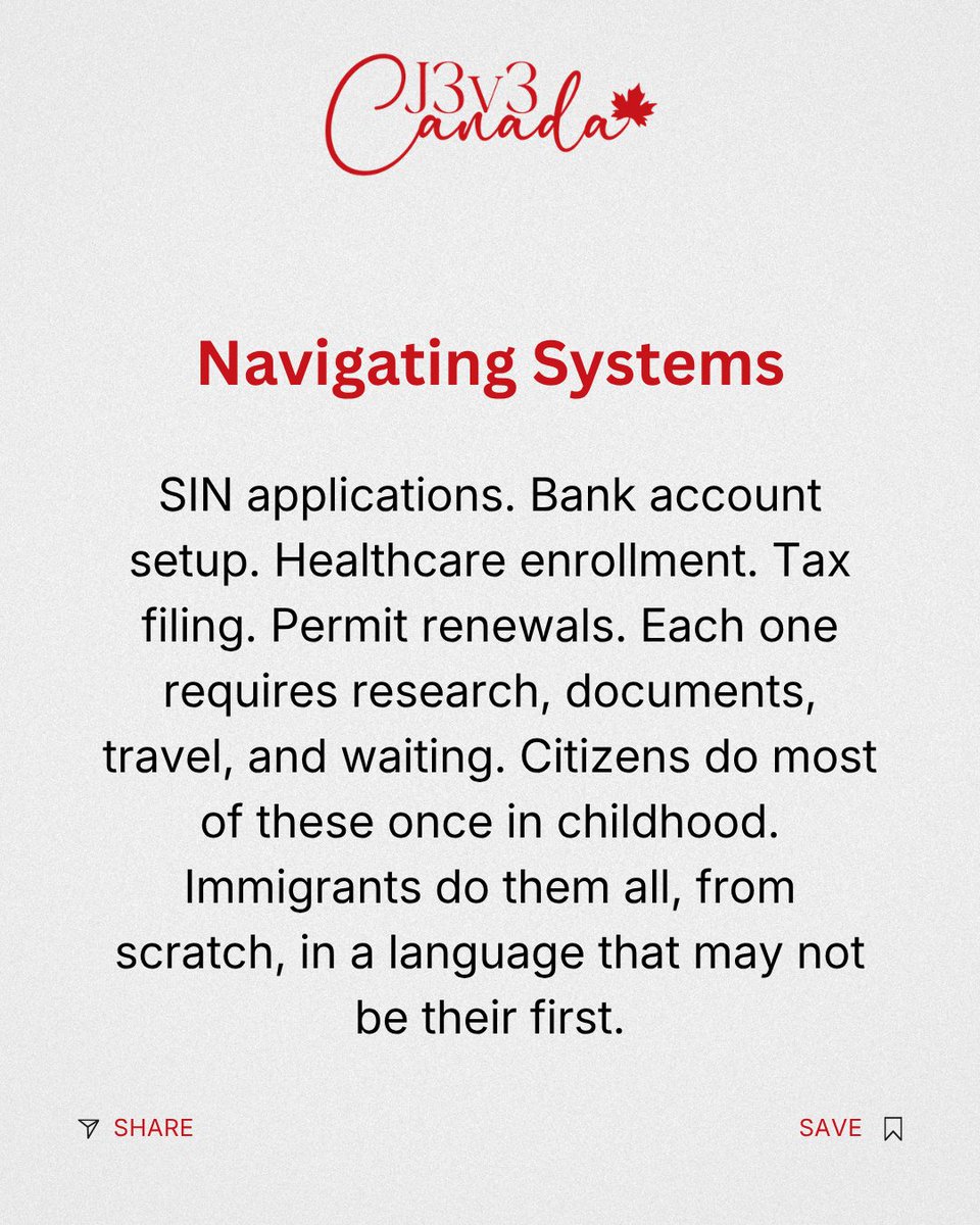 J3v3Canada's tweet photo. The invisible tax on immigrants: the hours spent navigating systems, translating, managing status, code-switching, and performing gratitude. Nobody counts these hours. But they add up. And they affect everything. 
Save this. 
Share it. 
Follow @j3v3canada.
#J3v3Canada #InvisibleTax #ImmigrantExperience #HiddenLabour #CodeSwitching #MigrationReality