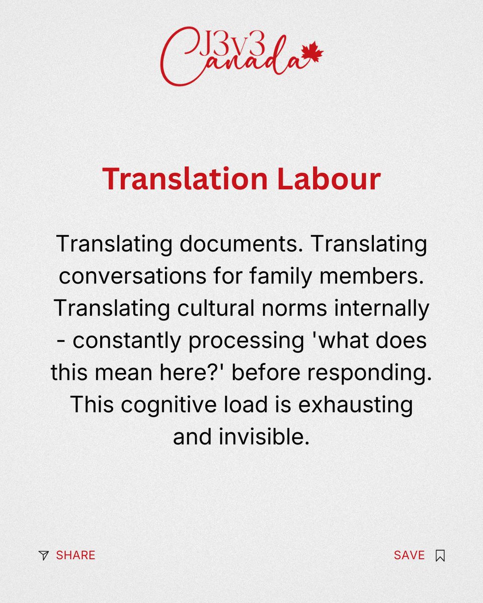 J3v3Canada's tweet photo. The invisible tax on immigrants: the hours spent navigating systems, translating, managing status, code-switching, and performing gratitude. Nobody counts these hours. But they add up. And they affect everything. 
Save this. 
Share it. 
Follow @j3v3canada.
#J3v3Canada #InvisibleTax #ImmigrantExperience #HiddenLabour #CodeSwitching #MigrationReality