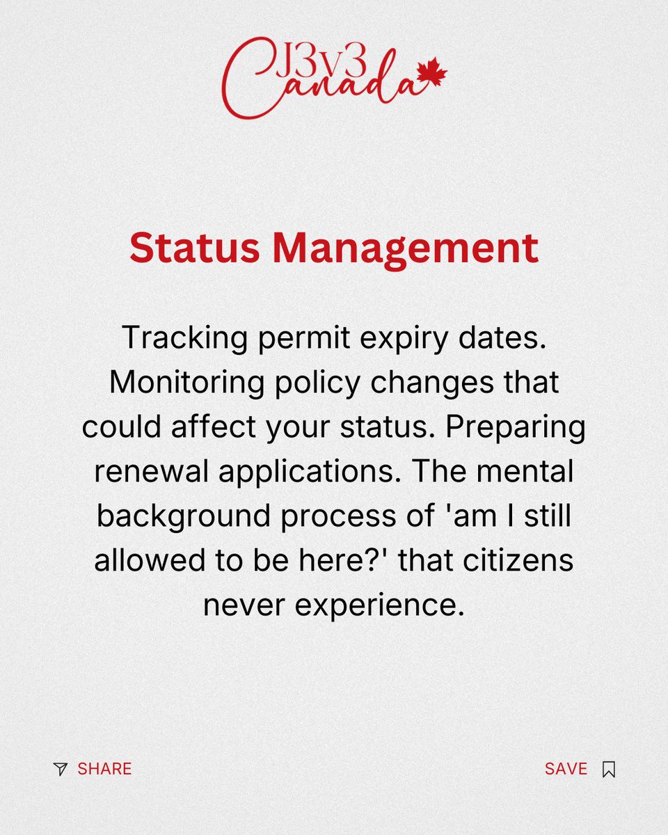 J3v3Canada's tweet photo. The invisible tax on immigrants: the hours spent navigating systems, translating, managing status, code-switching, and performing gratitude. Nobody counts these hours. But they add up. And they affect everything. 
Save this. 
Share it. 
Follow @j3v3canada.
#J3v3Canada #InvisibleTax #ImmigrantExperience #HiddenLabour #CodeSwitching #MigrationReality