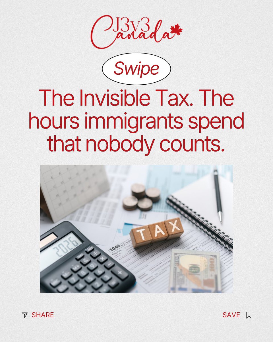 J3v3Canada's tweet photo. The invisible tax on immigrants: the hours spent navigating systems, translating, managing status, code-switching, and performing gratitude. Nobody counts these hours. But they add up. And they affect everything. 
Save this. 
Share it. 
Follow @j3v3canada.
#J3v3Canada #InvisibleTax #ImmigrantExperience #HiddenLabour #CodeSwitching #MigrationReality