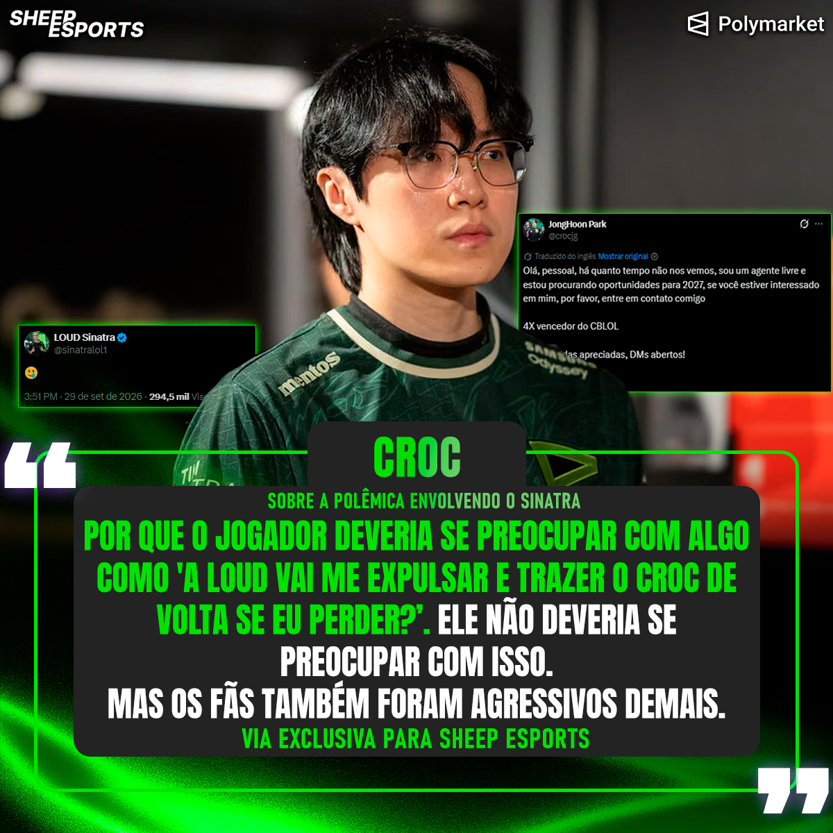 SheepEsportsBR's tweet photo. 🇰🇷 Croc comentou sobre a recente polêmica envolvendo seu post de Free Agent e a reação da comunidade sobre ele e o jungler 🇧🇷 Sinatra.

"Tenho que dar minha opinião sobre isso. Primeiro, jogadores profissionais não deveriam se preocupar com isso. Se você está fazendo comentários midiáticos durante a pré-temporada, tudo bem. Mas quando você está em um período muito importante do campeonato, isso não é bom. Seus fundamentos precisam vir primeiro.

Segundo, eu entendo por que os fãs estão dizendo isso, mas não soa bem. Os fãs podem dizer o que pensam, mas não deveriam tentar substituir ninguém. Por que o jogador deveria se preocupar com algo como 'a LOUD vai me expulsar e trazer o Croc de volta se eu perder?'. Eles não deveriam se preocupar com isso. Eles deveriam simplesmente vencer. Não deveriam ter outra motivação, como ficar preocupados em serem substituídos. Deveriam provar seu valor e pensar: 'Eu vou continuar aqui, sem preocupação'.

Foi agressivo demais com o Sinatra. Não é uma desculpa o fato de ele ser um jogador jovem ou não ter muita experiência. Isso não é desculpa para um jogador profissional. Mas os fãs também foram agressivos demais com isso. Na minha visão, não é algo que soa bem."