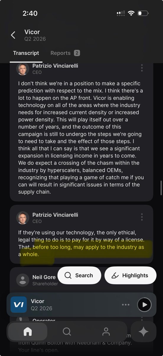 joedab12's tweet photo. $VICR Here are a couple tidbits from the last earnings call that I think EVERYONE should pay attention to. These mean a lot more after that recent "Leading AI OEM" license was announced for VPD...that newest license is the first to specifically mention VPD....

these 2 gems on the last call are implying that all new licenses are being negotiated with an understanding to source gen2 VPD from Vicor directly....

You can see the CEO's confidence here talking about the whole industry using their technology. 

Combine all this with the fact that he turns 80 this month....and holds 20m out of 43m total shares, and is only selling 1m of them between 404 and 800 via this latest 10b5 plan. Founder/CEO at 80 years old still owns over 40% stake in the company and only selling 5% of his shares between 404 and 800. 

Do you guys see why I pound the table so hard on this one? Paying attention to these nuances can make you filthy rich.