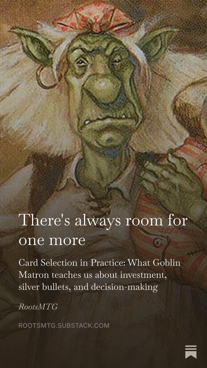 _stompy's tweet photo. Hey guys! I’m going to take the opportunity to share some of the latest articles I’ve written for the RootsMTG Substack here.

Everything Goblin Matron taught me about card selection, investment, and making choices.

https://t.co/b5f8BaUpZi https://t.co/YabwpDXxpj
