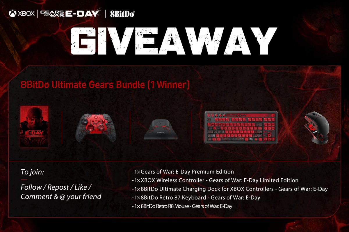 8BitDo's tweet photo. ⚙️ Gear Up for E-Day GIVEAWAY ⚙️

FOLLOW, LIKE, COMMENT & SHARE!

We’re teaming up with @XBOX & @GearsofWar to giveaway an Ultimate Gears Bundle including:

- XBOX Wireless Controller - Gears of War: E-Day Limited Edition
- 8BitDo Ultimate Charging Dock for XBOX Controllers - Gears of War: E-Day
- 8BitDo Retro 87 Keyboard - Gears of War: E-Day
- 8BitDo Retro R8 Mouse - Gears of War: E-Day
- Gears of War: E-Day Premium Edition

Let’s celebrate the launch of Gears of War: E-Day!

Winner will be randomly picked on Oct. 16th.

See the above picture for how to enter and more details.

#8BitDo #XBOX #GearsOfWar #GearsOfWarEday #Giveaway