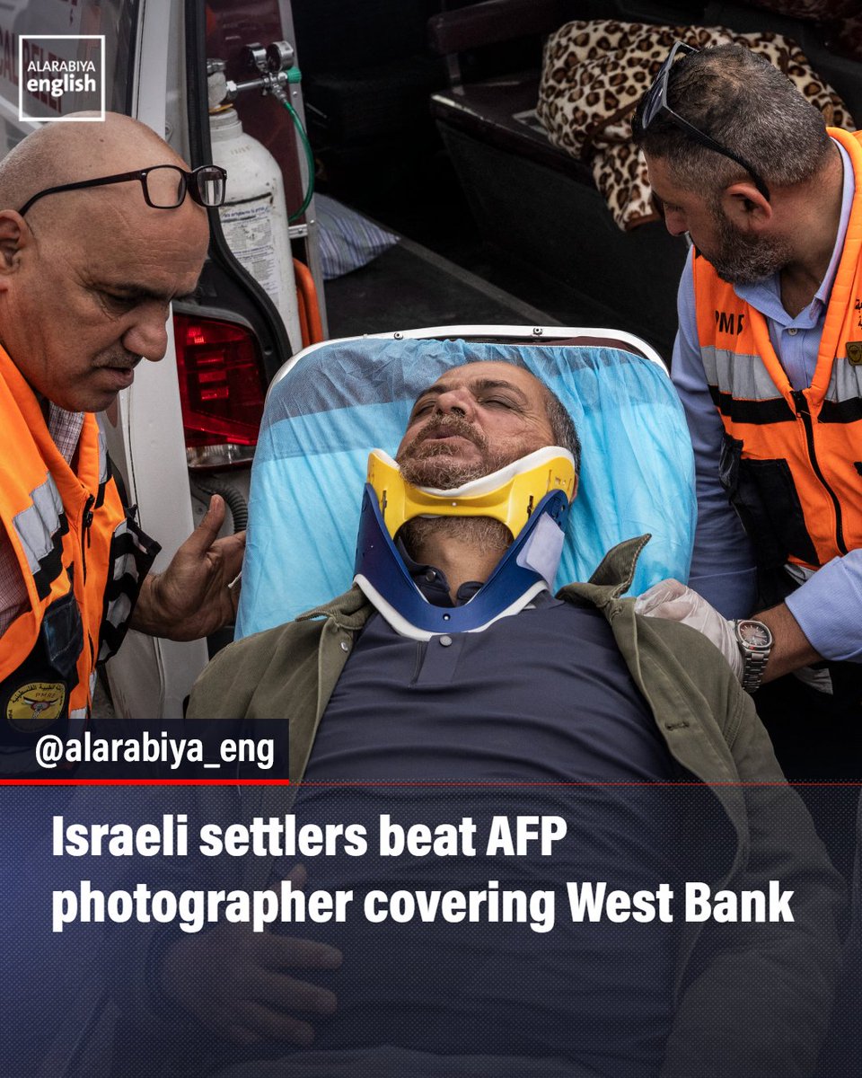 AlArabiya_Eng's tweet photo. Israeli settlers beat an AFP photographer and fire guns in the direction of him and a colleague as they cover ongoing violence by settlers against West Bank olive farmers. https://t.co/pSJbuSqU43