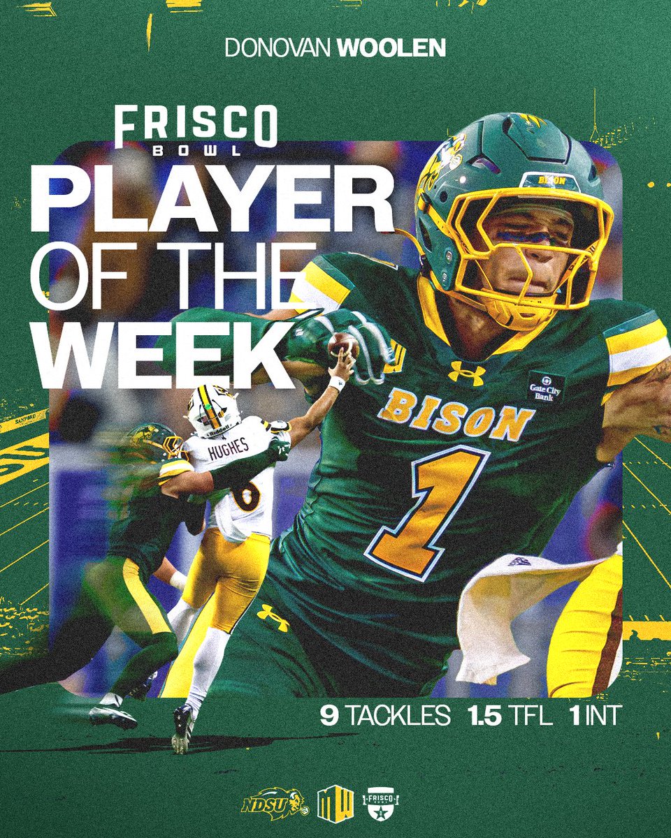 FriscoBowlGame's tweet photo. Weโre proud to announce North Dakota Stateโs Donovan Woolen as our Week 5 Defensive Player of the Week! The Frisco Wakeland graduate led the Bison with 9 tackles, 1.5 tackles for loss and an interception in a 28-0 shutout of Wyoming. https://t.co/uIMKYxrkWr