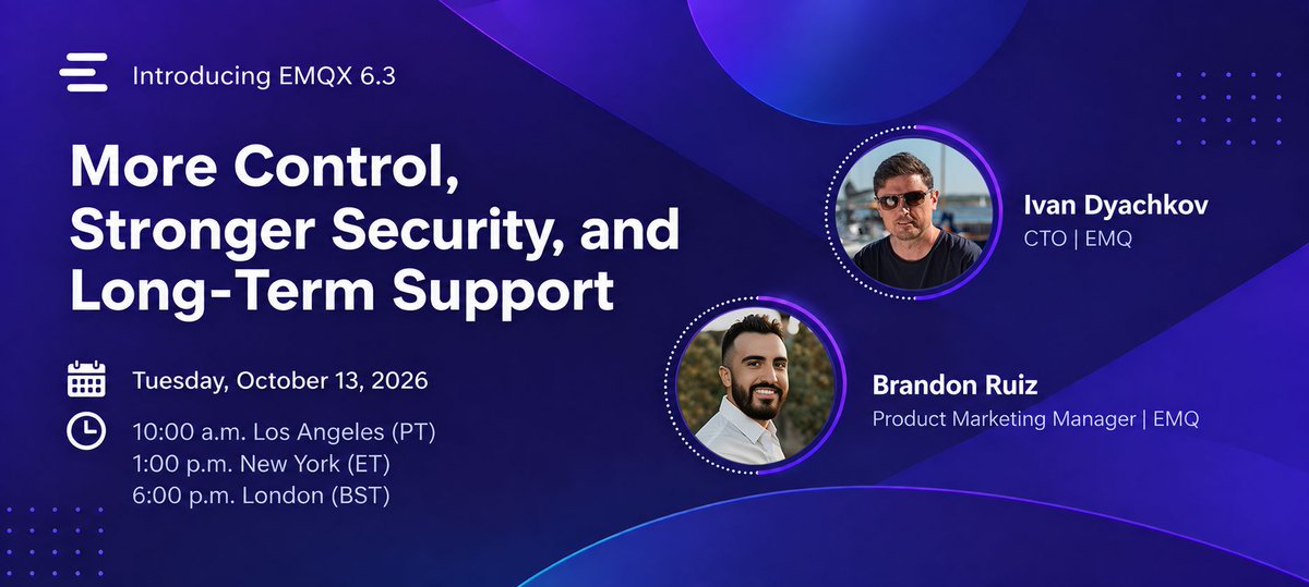 EMQTech's tweet photo. One week until our #webinar on #EMQX Enterprise 6.3! 

Feature Gates let you right-size deployments, while stronger security defaults, session management, and improved slow-consumer visibility give teams more control in production. See it live on Oct 13th: https://t.co/L1kMLqwo0I https://t.co/HVqTUjM4gL