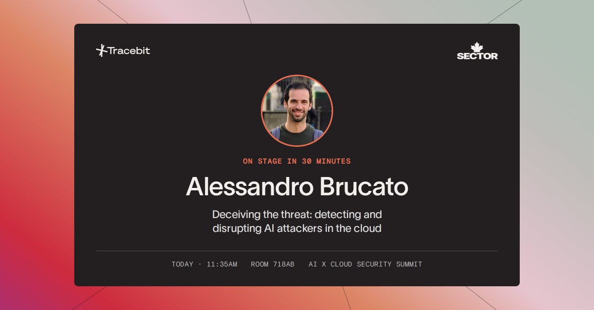tracebit_com's tweet photo. If you’re at SecTor, a quick reminder that Bruce is speaking in half an hour about detecting and disrupting AI attackers in the cloud!

📍 Room 718AB
🕦 11:35am EDT

See you there! https://t.co/K2wFuj1v89