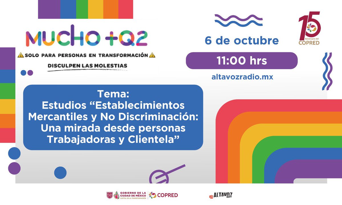 COPRED_CDMX's tweet photo. 🎙️ ¡Hoy nos escuchamos en Mucho +Q2 de @altavozmxradio! 

A las 11:00 h hablaremos sobre el estudio “Establecimientos Mercantiles y no discriminación” y sus principales hallazgos. ✨

📻 ¡Conéctate, acompáñanos y súmate a la conversación! 💛 https://t.co/mK5kc6jXDP