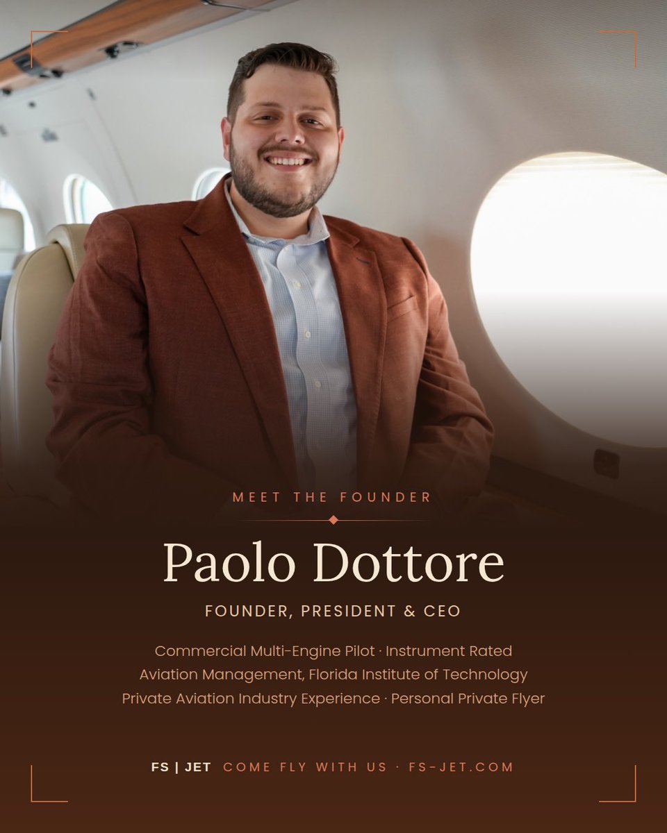 FSJETllc's tweet photo. We are proud to formally introduce the Founder, President & CEO of FS | JET, Paolo Dottore.
His background combines training and industry experience. Paolo is a commercial multi-engine, instrument-rated pilot, earning a degree in Aviation Management from Florida Institute of Technology, and has worked in private aviation. As a private flyer himself, he has been on both sides of the experience.
That perspective is the foundation of FS | JET. Private aviation should be personal, transparent, and handled by people who understand both the aircraft and the client. Our goal is simple: every trip should feel effortless, from the first conversation to arrival.
If you or your organization fly privately, or are considering it, we welcome a conversation.
Learn more at https://t.co/HPB13yirgi