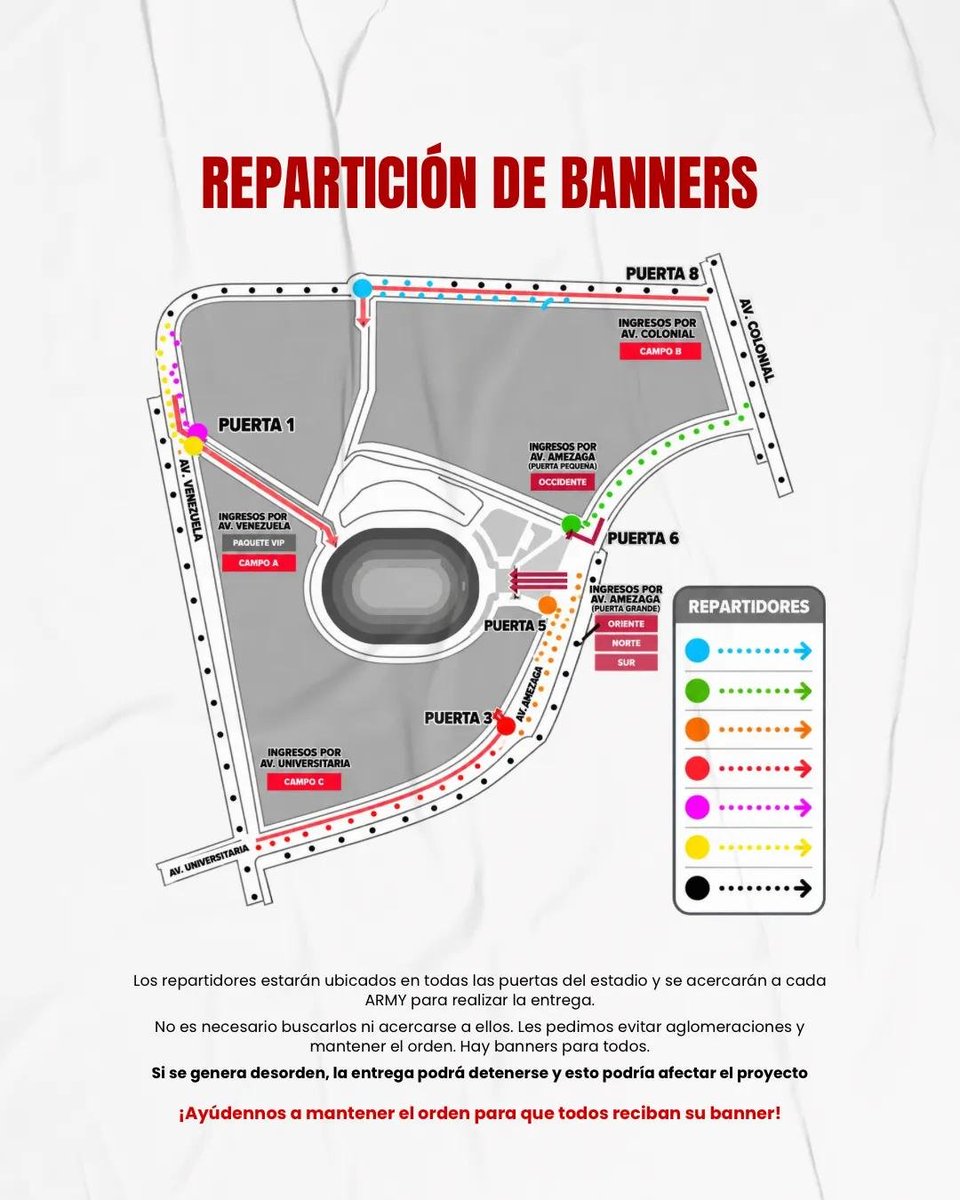 btsarmy_peru's tweet photo. 💜ARMY! El día de mañana empiezan los esperados conciertos de BTS en Perú 🇵🇪 Les informamos hace unos días la entrega de los banners y hoy les compartimos el plan de despliegue de estos. El personal estará en CADA PUERTA DE INGRESO dándolos solo a aquellas personas que estén la cola y debidamente identificadas con su entrada 💜

Esperamos su apoyo con el orden y evitar aglomeraciones en cada uno de los ingresos, hagamos de estos días una experiencia inolvidable 👏🏻

#btsenperu #bts_worldtour_arirang_lima #btsperu #armyperu