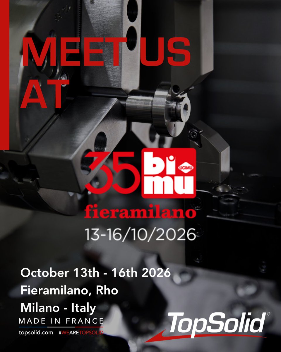 TopSolid's tweet photo. #TOPSOLIDItalia will be at #BIMU2026!

From October 13 to 16, join our teams in Milan to discuss design, manufacturing, and production management.

📍 Fieramilano Rho
👉 See you at BI-MU!

#TOPSOLID https://t.co/I5DExSpWl7