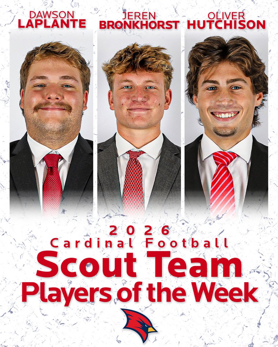 svsu_football's tweet photo. 🏆 Scout Team Players of the Week 🏆

🏈 Offense: Dawson LaPlante (OL) 🏈
🏈 Defense: Jeren Bronkhorst (LB) 🏈
🏈 Special Teams: Oliver Hutchison (WR) 🏈

#BeaksUp | #GoCards https://t.co/kNSffQl1Cm