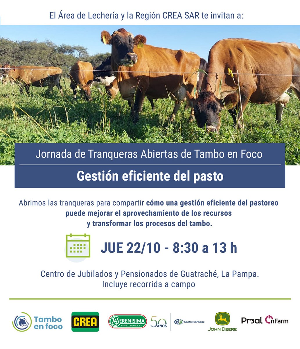 crea_arg's tweet photo. ¡Se viene una nueva Jornada de Tranqueras Abiertas! 🙌

🐄 Desde el Área de Lechería y la Región CREA Semiárida te invitamos a participar de una nueva Jornada Tranqueras Abiertas, donde podrás conocer la experiencia del Establecimiento San Gabriel (De Land S.A.), ubicado en Guatraché, La Pampa.    

👉 Se trata de un evento abierto, gratuito y presencial. 

📅 JUE 22/10
⌚ 08:30 a 14:00 h
📍 Av. Colón, L6311 Guatraché, La Pampa

🔺 ¡Cupos limitados!

✍️ No te quedes afuera de esta imperdible experiencia e inscribite acá: 
https://t.co/x1Txv6LuKl