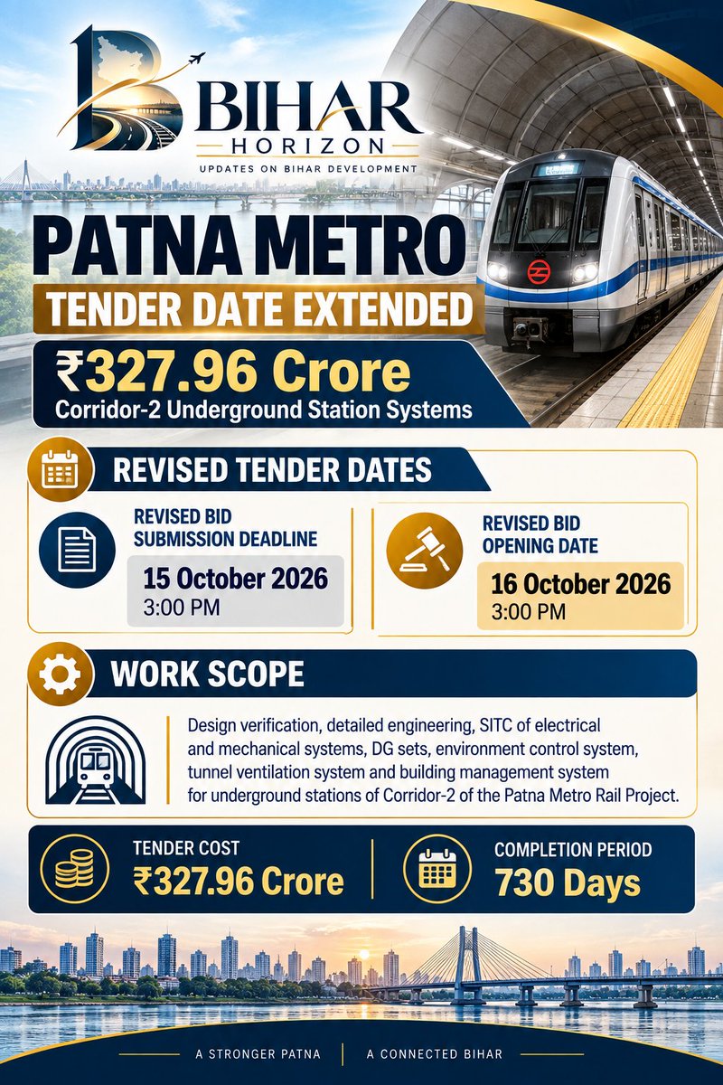 Horizon_Bihar's tweet photo. 🚨 Patna Metro: ₹327.96 Crore Tender Gets Date Extension.
#PatnaMetro #BiharMetro #Patna #Bihar #MetroRail #BiharDevelopment #Infrastructure #PatnaDevelopment #UrbanInfrastructure https://t.co/7rrI1QqGmi