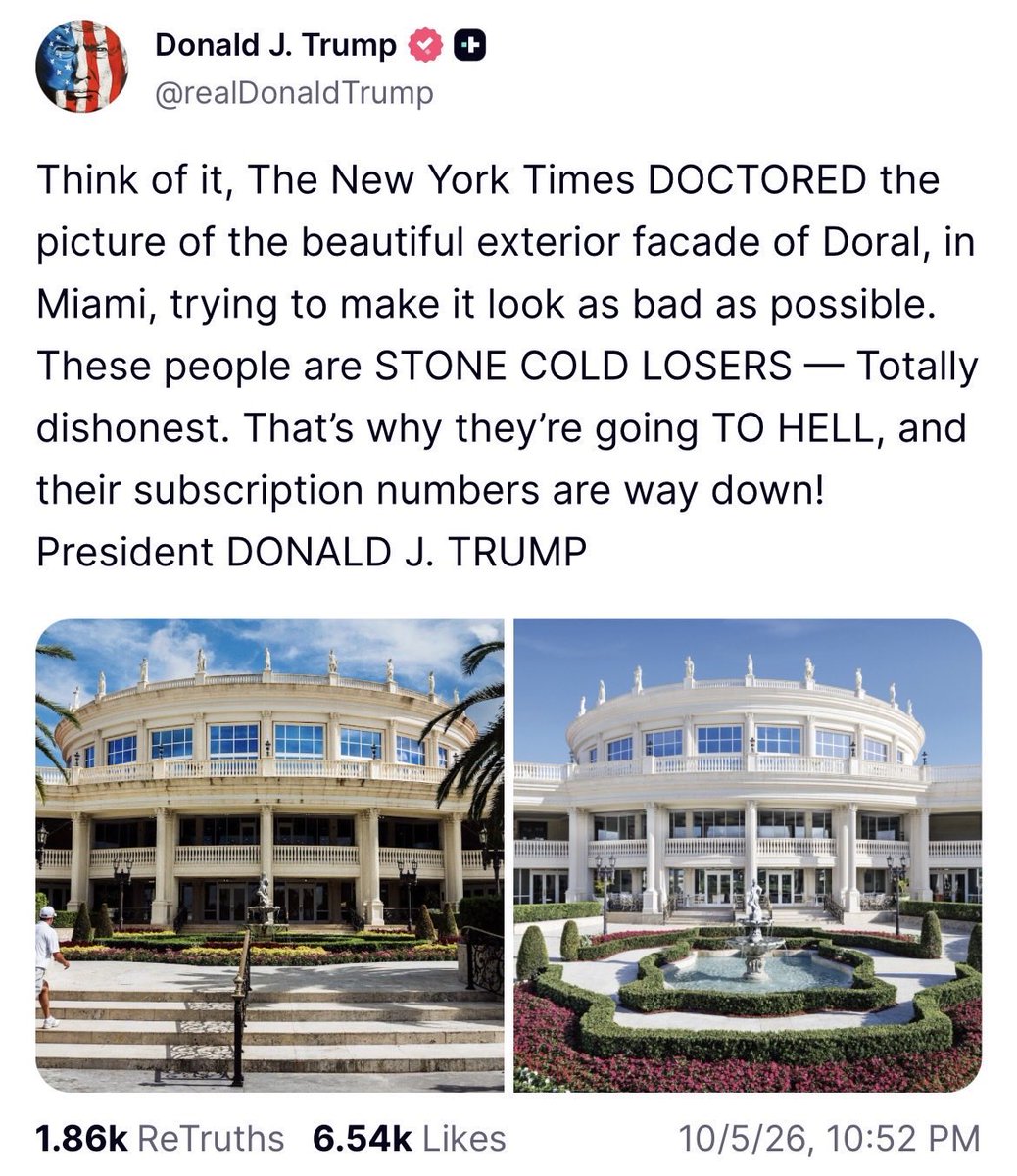 redhotnerd's tweet photo. As someone who’s played at Doral, the Times photo is accurate you big baby. The cleaned up publicity image isn’t even remotely representative of the damage you’ve done to that club. Like all of your properties. Let alone how shitty and over priced the food is. https://t.co/jeF6yPmSSb