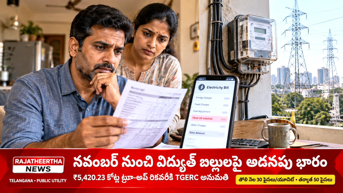 R_theerthanews's tweet photo. తెలంగాణలో నవంబర్ 2026 బిల్లుల నుంచి వ్యవసాయేతర వినియోగదారులపై ట్రూ-అప్ ఛార్జీలు అమలుకానున్నాయి. TGERC ₹5,420.23 కోట్ల రికవరీకి అనుమతించింది. తొలి నెల యూనిట్‌కు 30 పైసలు, ఆ తర్వాత 50 పైసలు వసూలు చేస్తారు. వ్యవసాయ వినియోగదారులకు మినహాయింపు. #Telangana #PowerBills https://t.co/5Hx2A01ATq