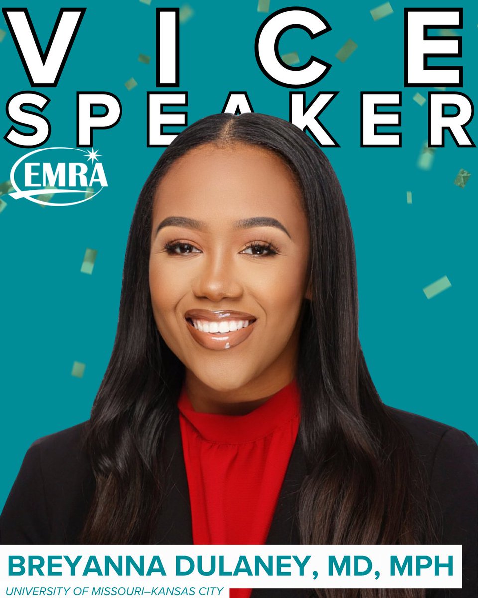 emresidents's tweet photo. 👏 Congratulations to Breyanna Dulaney, MD, MPH – @umkcEM, elected as the next EMRA Vice Speaker! 

She'll help guide the Representative Council's work, keeping resident voices at the center of EMRA's governance.

#EMRA #EMRAElections #Leadership #EMBound #ViceSpeaker https://t.co/eDgiumQb2V