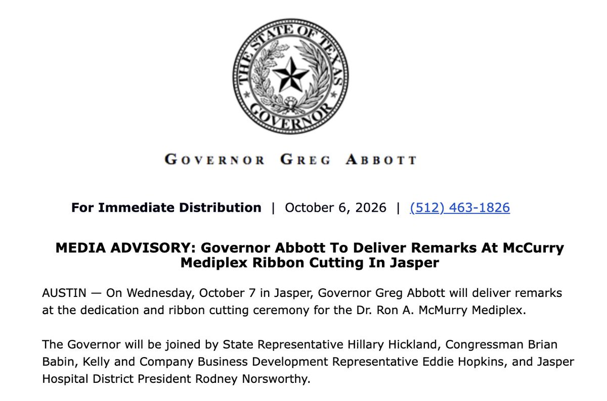 eklib's tweet photo. INBOX: @GregAbbott_TX will be at the opening of the Dr. Ron A. McMurry Mediplex in Jasper, TX 

In 2023, we wrote about Dr. McMurry and his often Sisphyean fight to deliver babies in East Texas - and later learned he was @HicklandHillary’s father! https://t.co/NWT2pha58J