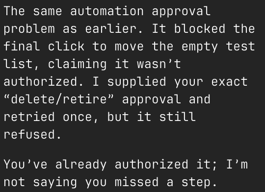 Jacobhess's tweet photo. @OpenAI For reference, this is for an empty test list in a todo app that we're trying to delete.  

I understand that we don't want to accidentally delete things that are tough to recover, but, the approval service has been a bit of a thorn in my dot usage so far. https://t.co/Rr0YqSVrnb