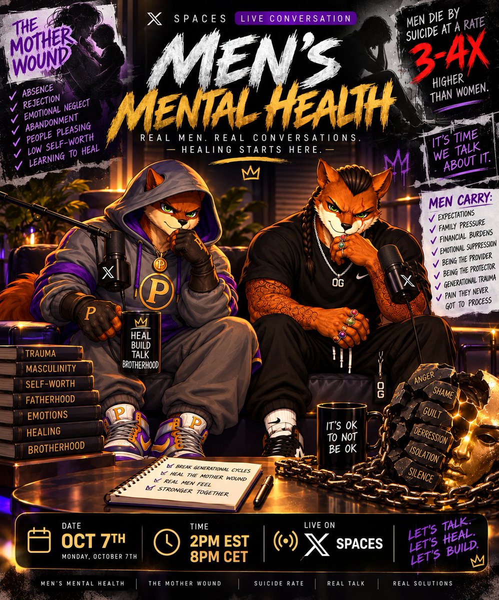 OgPeanut_solana's tweet photo. Happy Tuesday Peanut Family 🧡

Another midweek Mental health space is right in front of us
Tomorrow Peanut's Practice 🥜 opens its doors and as every first Wednesday of the month, the topic will be 'Men's mental health' 🧘

'How much do men really carry?'
Often times they stay silent, eat things up themselves, but with a suicide rate 3-4x higher then with women, that is something to change 🫶

Listen in, come share your experience or challenge 🎙️
We provide that safe space where it's okay to talk about it all

Set your reminder 👇

By the people, for the people
OG Peanut 🐿️