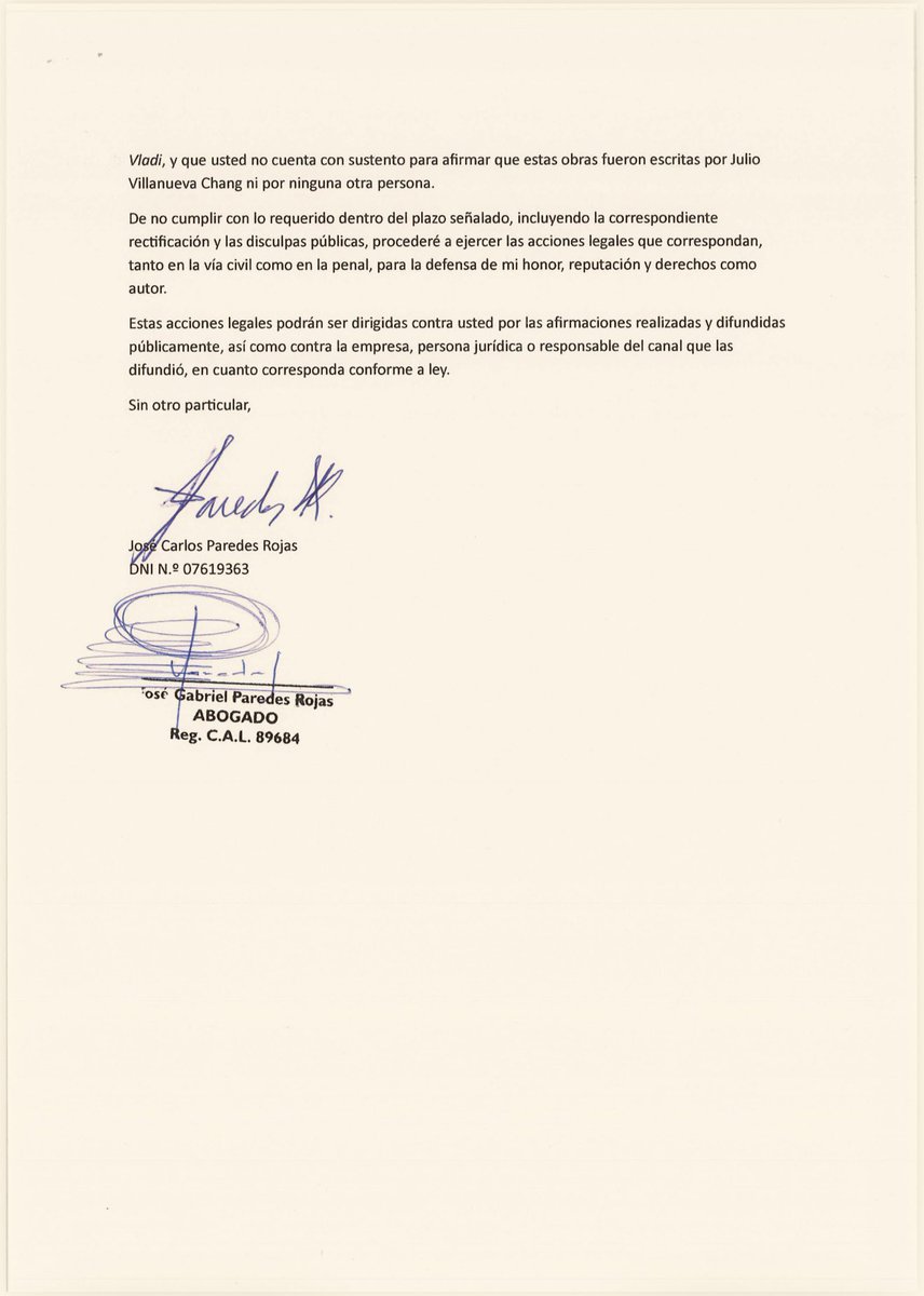 cparedesr's tweet photo. Acabo de enviarles sus respectivas cartas notariales a los activistas políticos o streamers (o lo que sean) Carlos León Moya, alias @contracultural, y Marco Sifuentes Quintana, alias @ocram. A ambos sujetos les estoy dando 24 horas para que muestren las pruebas de la temeraria y difamatoria aseveración que hicieron sobre la autoría de mis 4 libros el domingo pasado. Si no prueban su dicho (difamación agravada), deberán rectificarse públicamente. Sí, como calculo, no van a tener las pelotas para responder, lo harán en el Poder Judicial. Después no estén llorando “persecución de Keiko Fujimori”. 

PD pueden contratar al Riverita @IDL_Rivera para que los defiende. Será un gusto ganarle otra vez.
#LavaChato